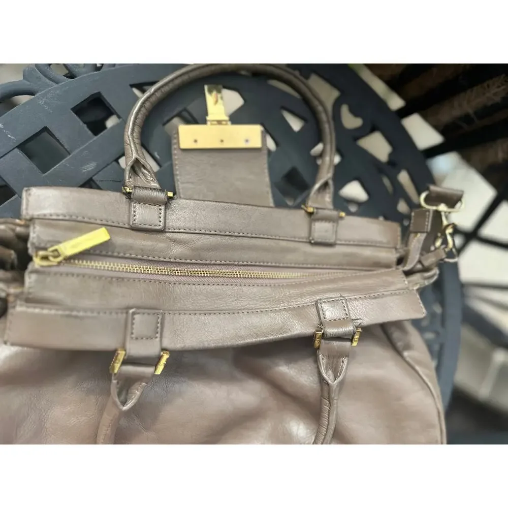 Tory Burch Holland Satchel Taupe Gray Leather Shoulder Bag Crossbody Tote Purse